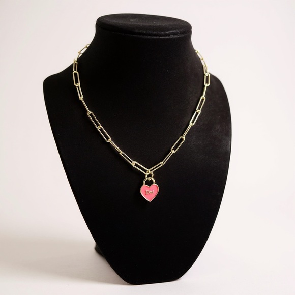 Handmade Dior Heart Charm Necklace 18k Gold Paperclip Chain - Picture 3 of 3